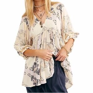 Free People Girl Talk Butter Yellow Tunic Boho Paisley V-Neck with Pockets Small